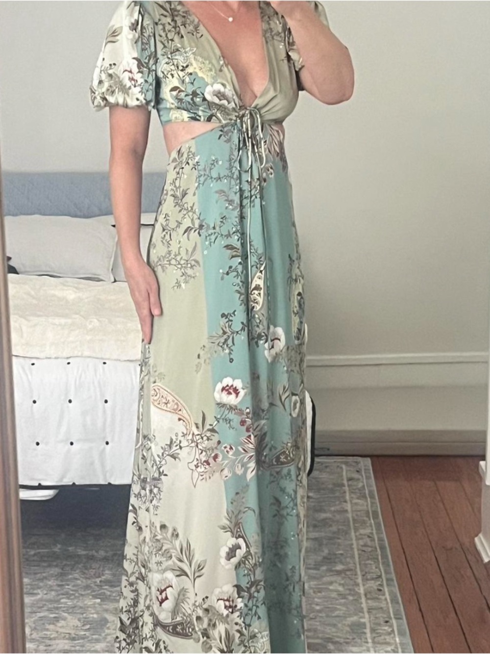 Express Sage & Teal Floral Tie-Front Maxi Dress